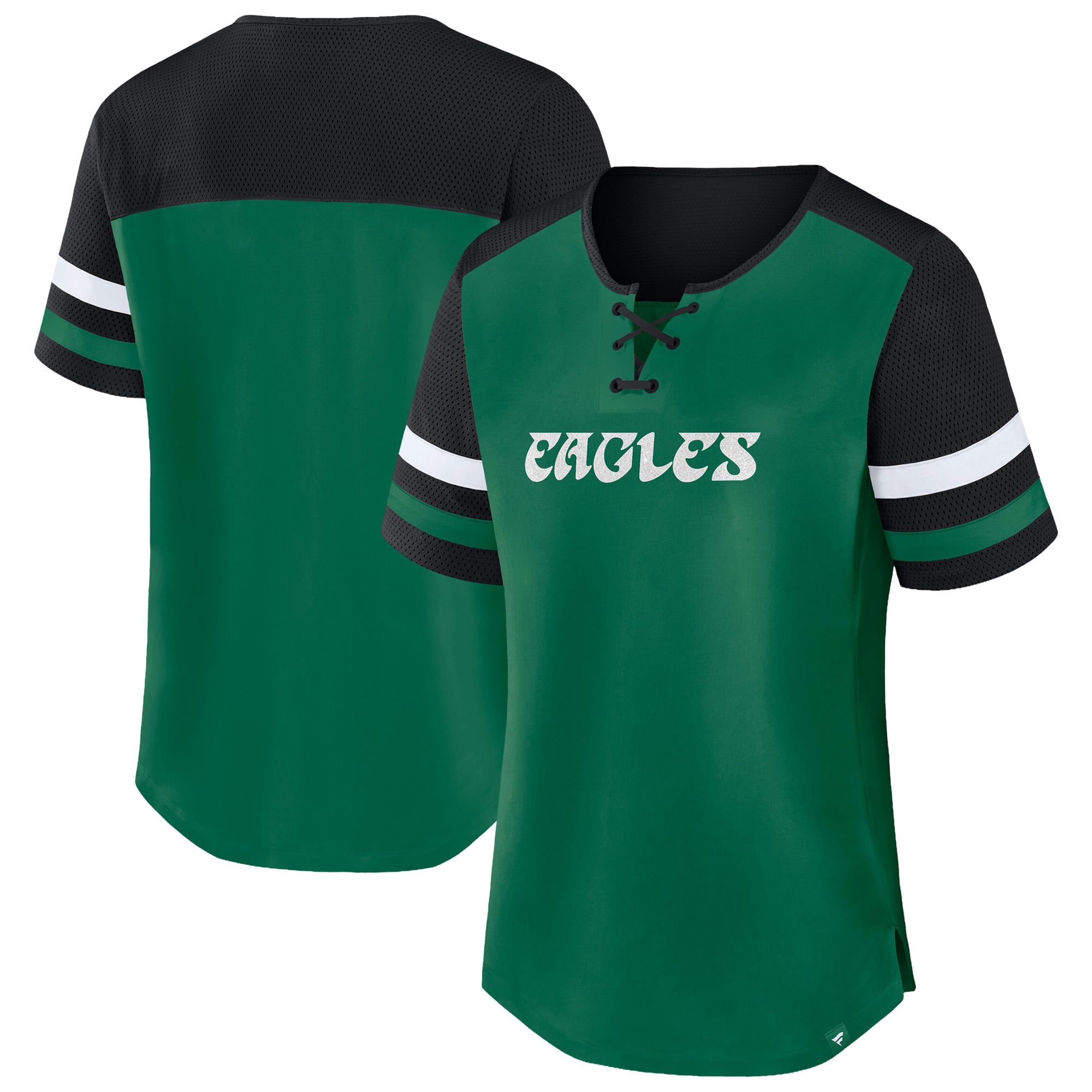T-shirt à lacets Fanatics Kelly Green/Black Philadelphia Eagles pour femmes, grande taille, style rétro.